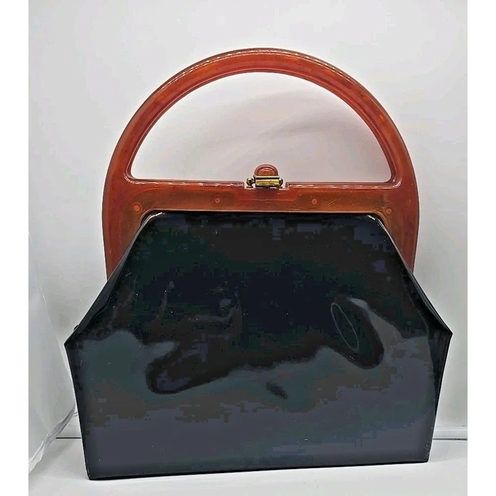 Vintage 50's Unique LUCITE PURSE Handbag AMBER US Pat. Black‎ Flowers